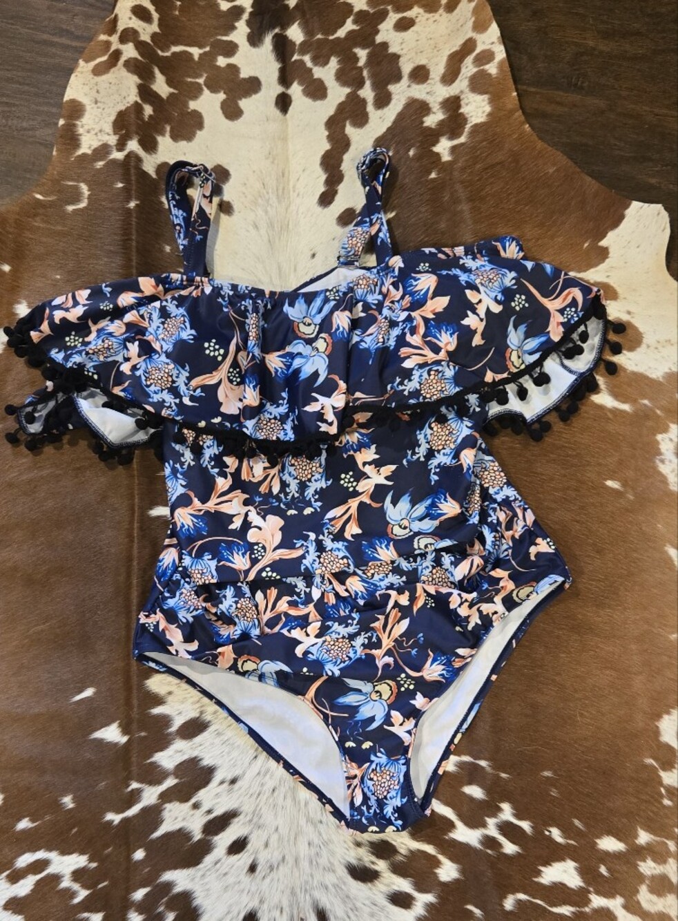 Floral Navy Women's Cold Shoulder Swimsuit With Rouching And Ruffles
